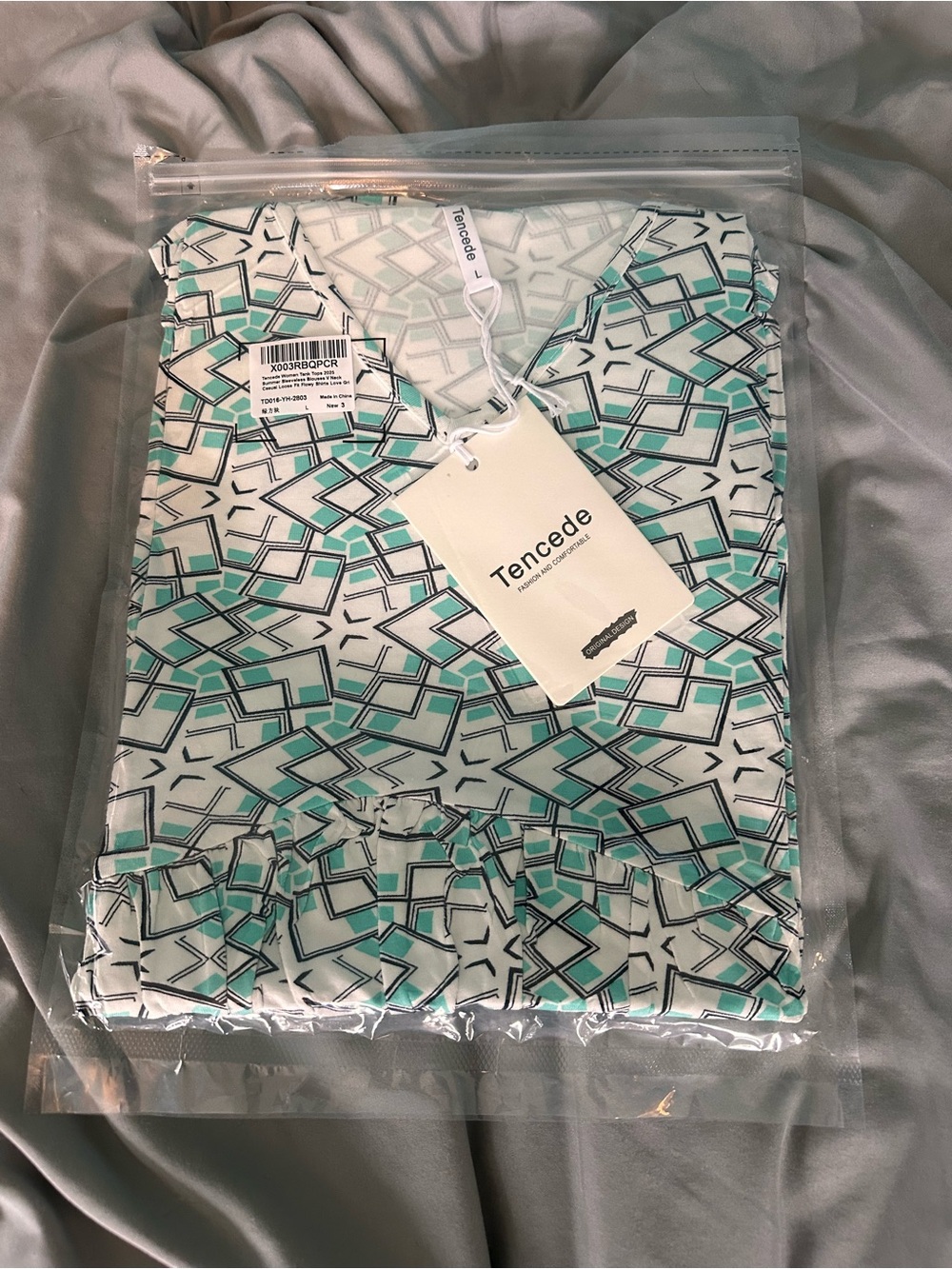 Geometric Print Tank Top - Aqua/White